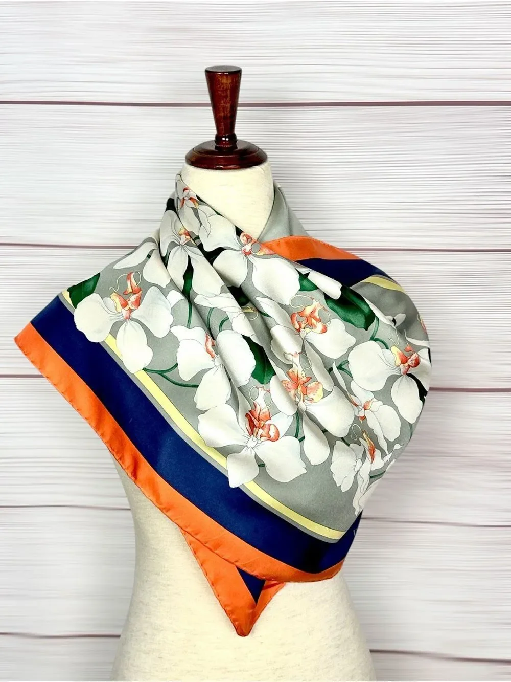 Valentino Twill Silk Scarf Gray with White Orchids